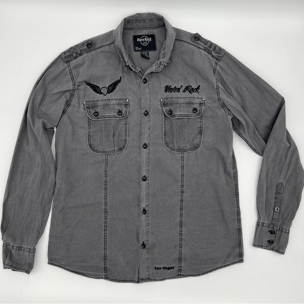Hard Rock Cafe Shirt Size Large‎ Gray Embroidered Vegas Rock Utility Button Down